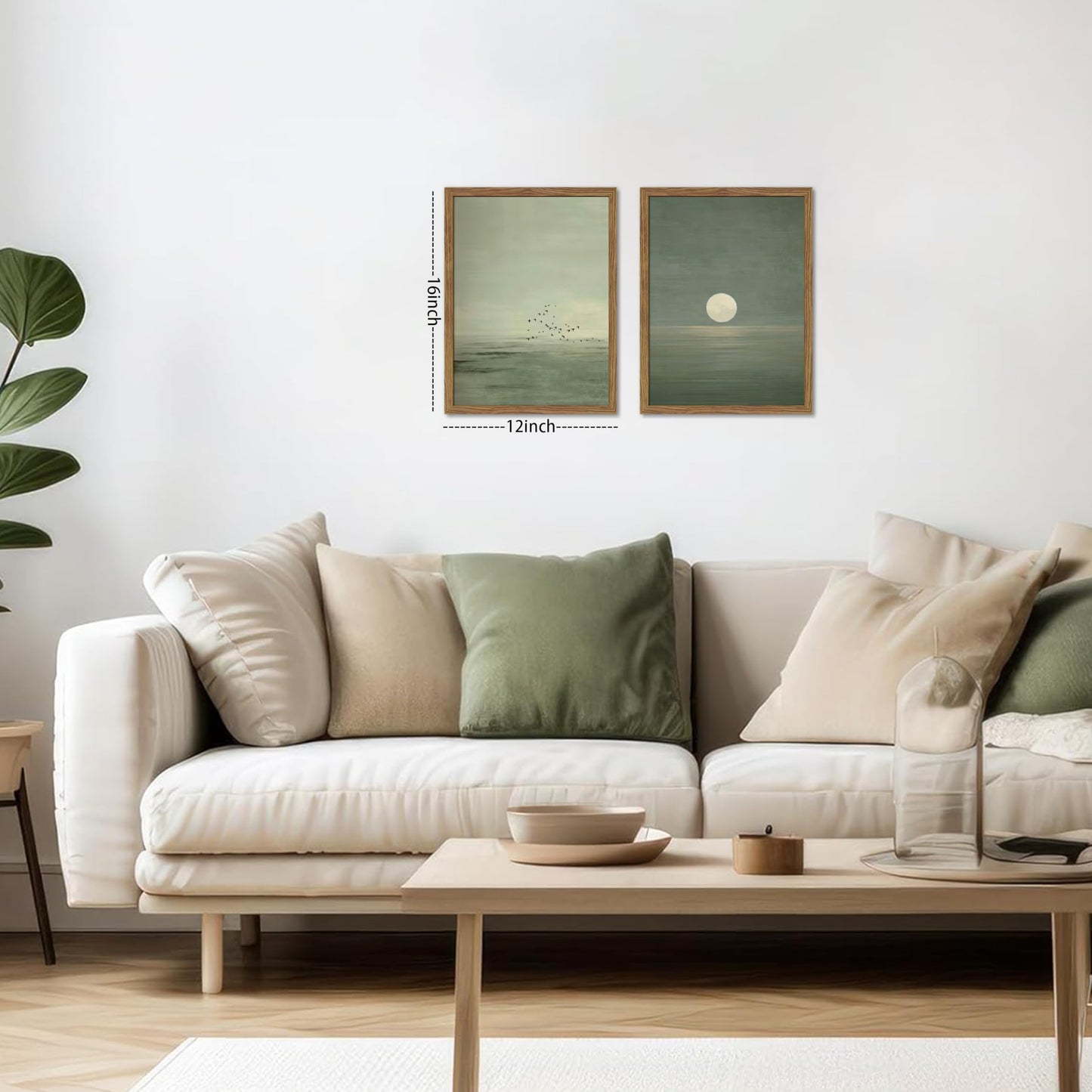 Framed Japanese Zen Wall Art Set of 2, Minimalist Sage Green Flying Duck Canvas Wall Decor Paintings, Modern Sunset Landscape Artwork Prints Picture for Living Room Bedroom Bathroom 12x16 Inch