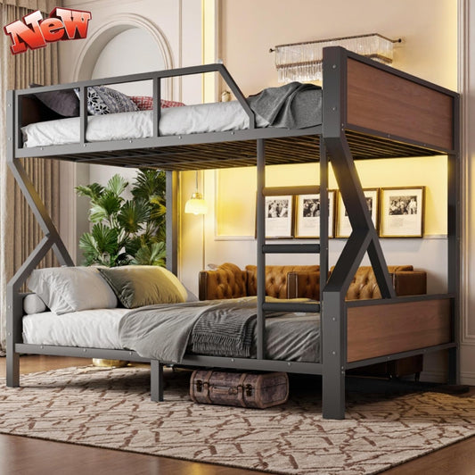 LEEKAF Stronger & Safer Heavy Duty Metal Queen Over Queen Size Bunk Bed for Adults Teens, Thickened More Stable Steel Bunkbed (Greater Weight Capacity) (Queen Over Queen-C)
