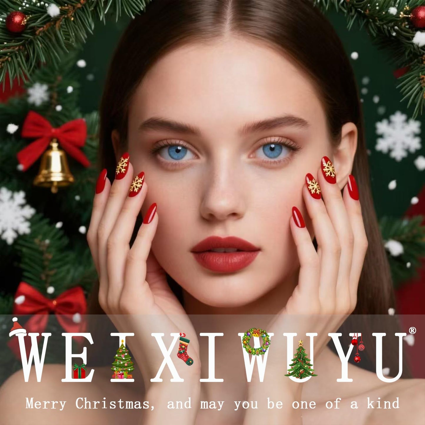 Christmas Press on Nails Medium Almond Fake Nails Snowflake with Red Fruit Designs False Nails Full Cover Glossy Red Gradient French for Women Christmas Party Wear Manicure Decoration 24PCS