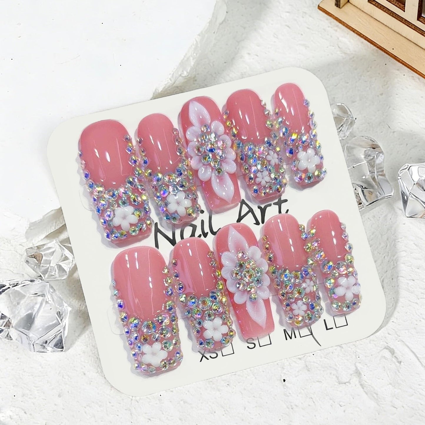 10 Pcs Handmade Press on Nails Long Square Fake Nails with 3D Flowers Rhinestones Charms Design Pink Acrylic False Nails Wedding Party Press Ons Nails Square for Women - M Size