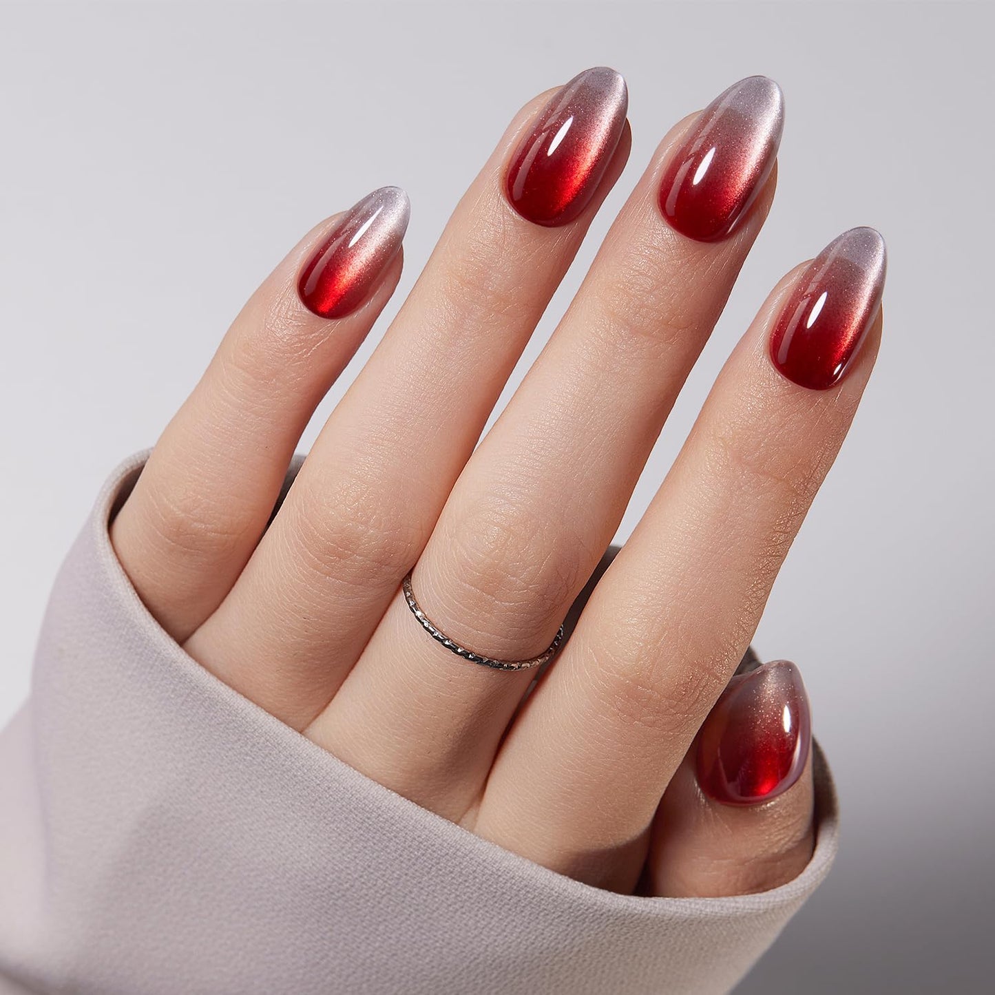 VSALON Press-On Nails Short Almond Red Ombre Cat Eye Fake Nails, 32 PCS in 16 Sizes, Reusable Nail Kit with Long-Lasting UV Glue, Adhesive Tabs & Nail Glue & Nail Lamp