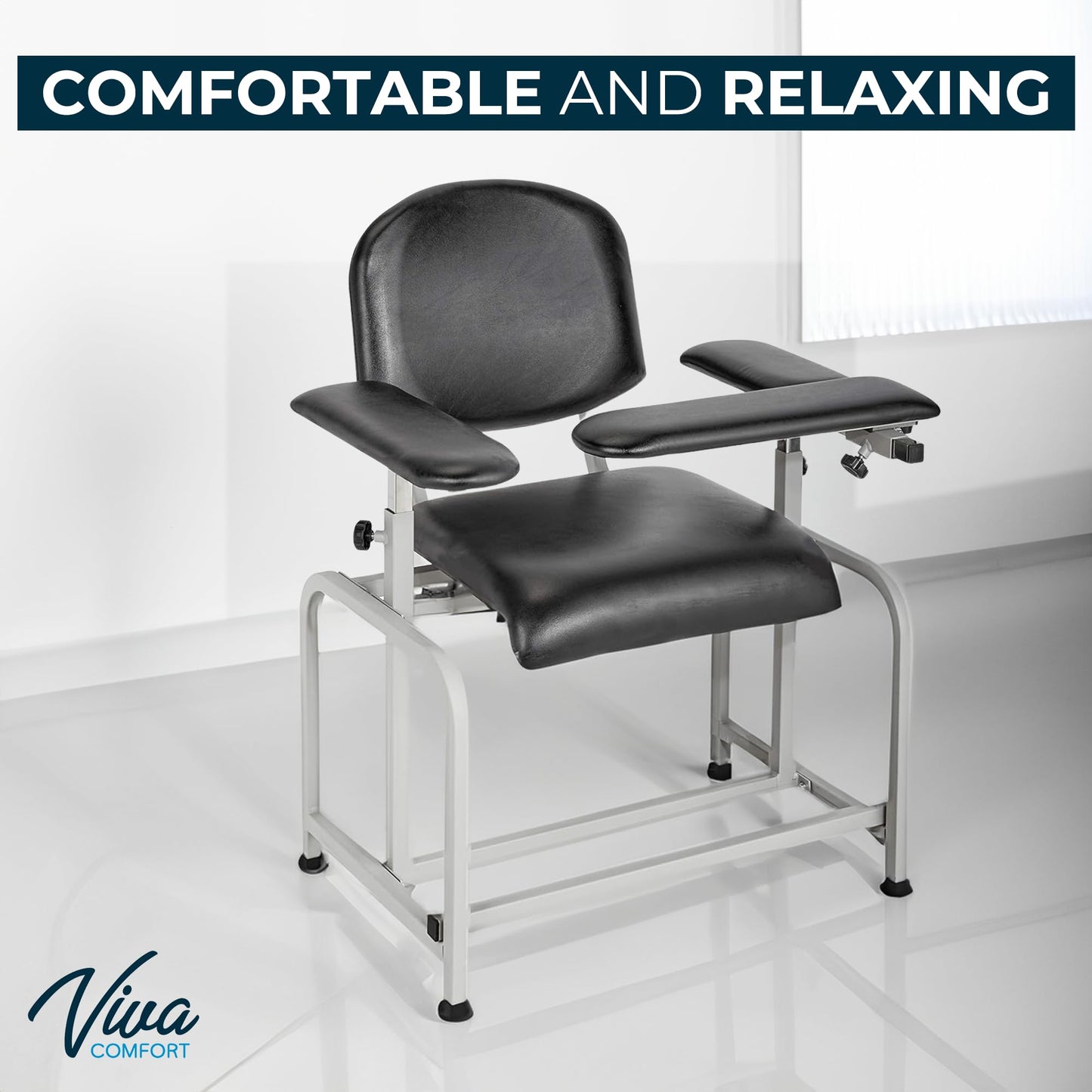 VivaComfort Black Phlebotomy Chair with Adjustable Armrest, Blood Draw Chair, Large Weight Capacity Comfortable Lab Medical Chair