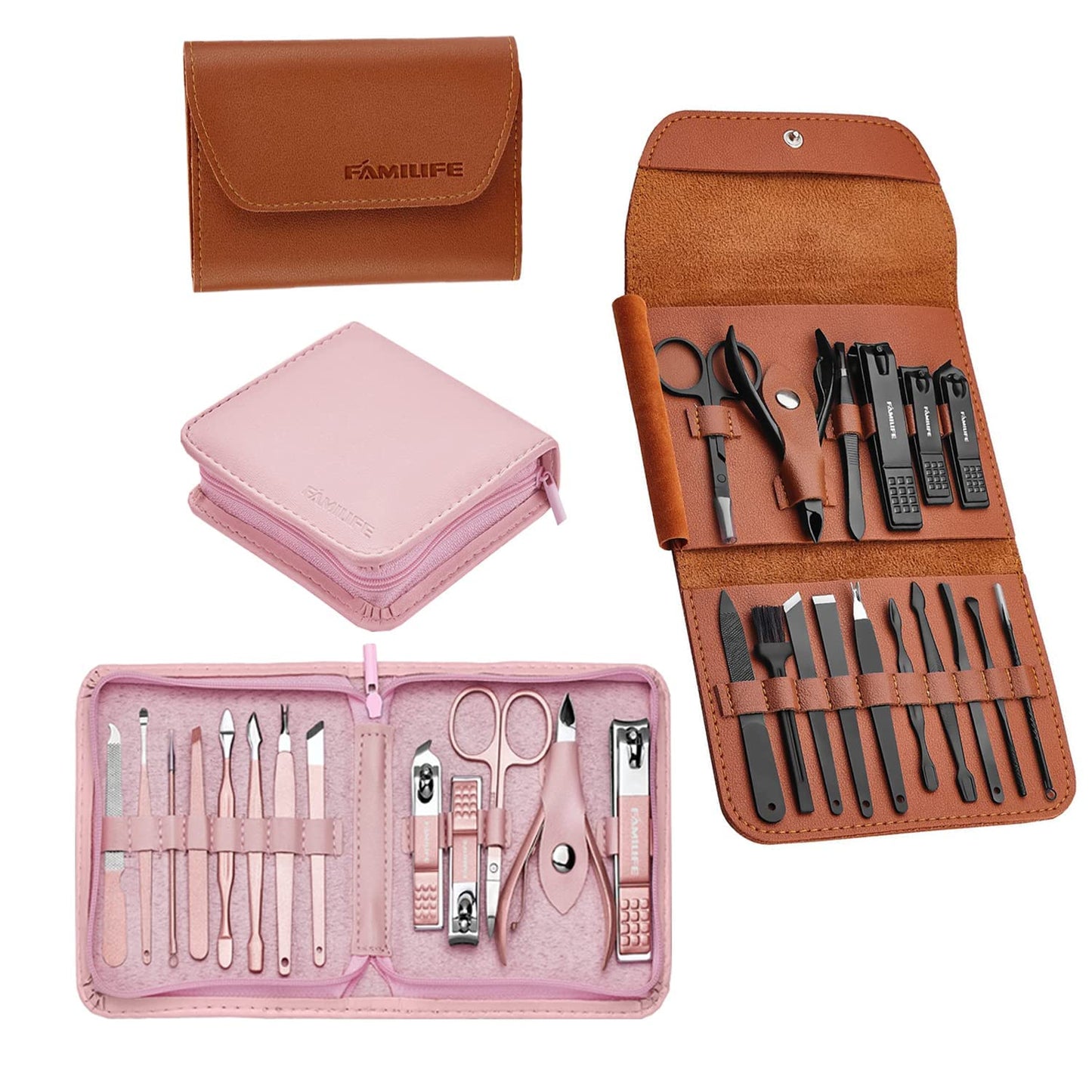 FAMILIFE Manicure Set, Pedicure Kit Nail Clipper Set 16pcs Professional Men Black Grooming Kit and 13pcs Pedicure Kit Rose Gold Nail Clipper Set Professional Manicure Kit Pink Stainless Steel