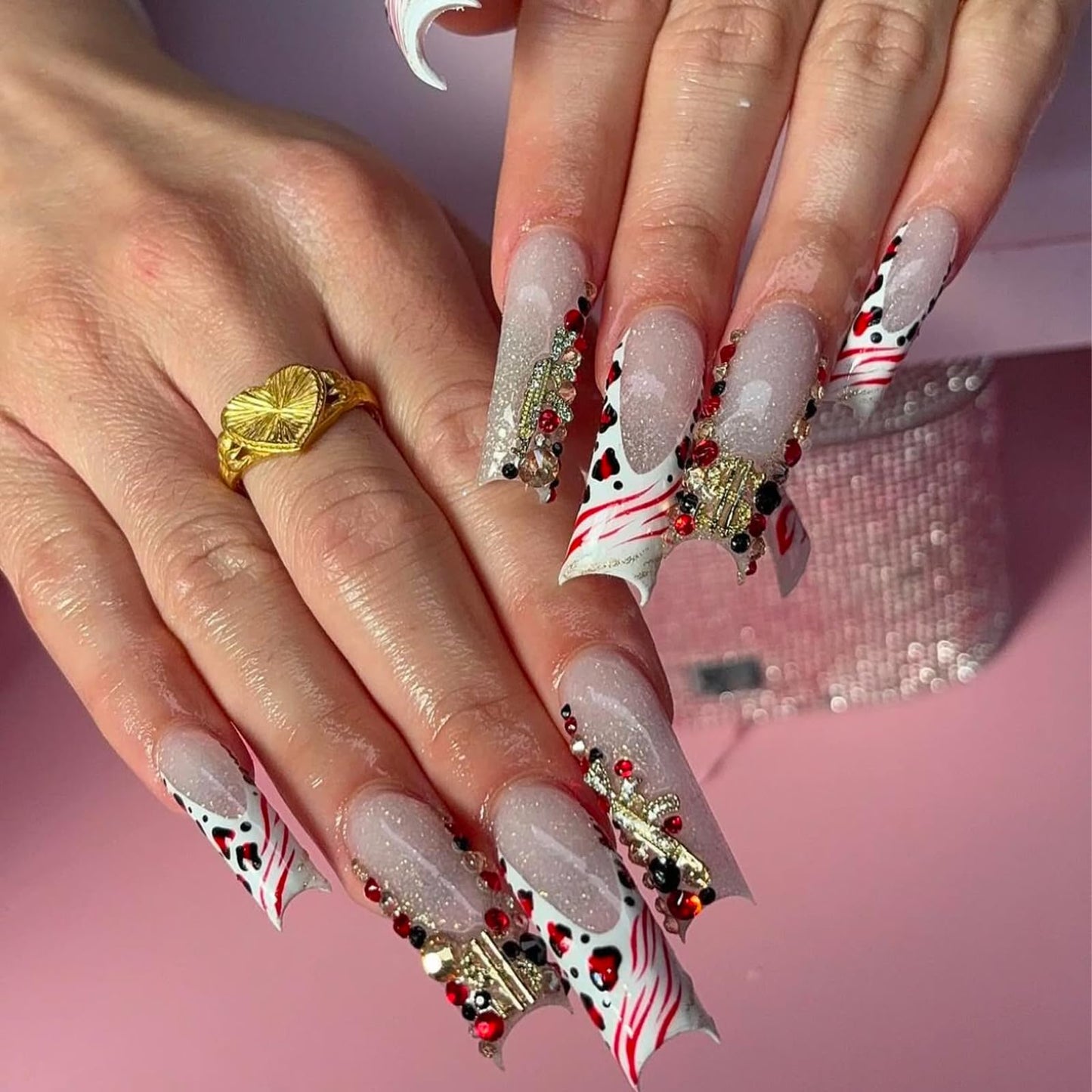 Pizadix 106Pcs Gold Pink Nail Art Charms, 3D Pink Cherry Money Bag Coin Gun Jewelry, Y2K Kawaii Luxury Designer Supplies for Nails