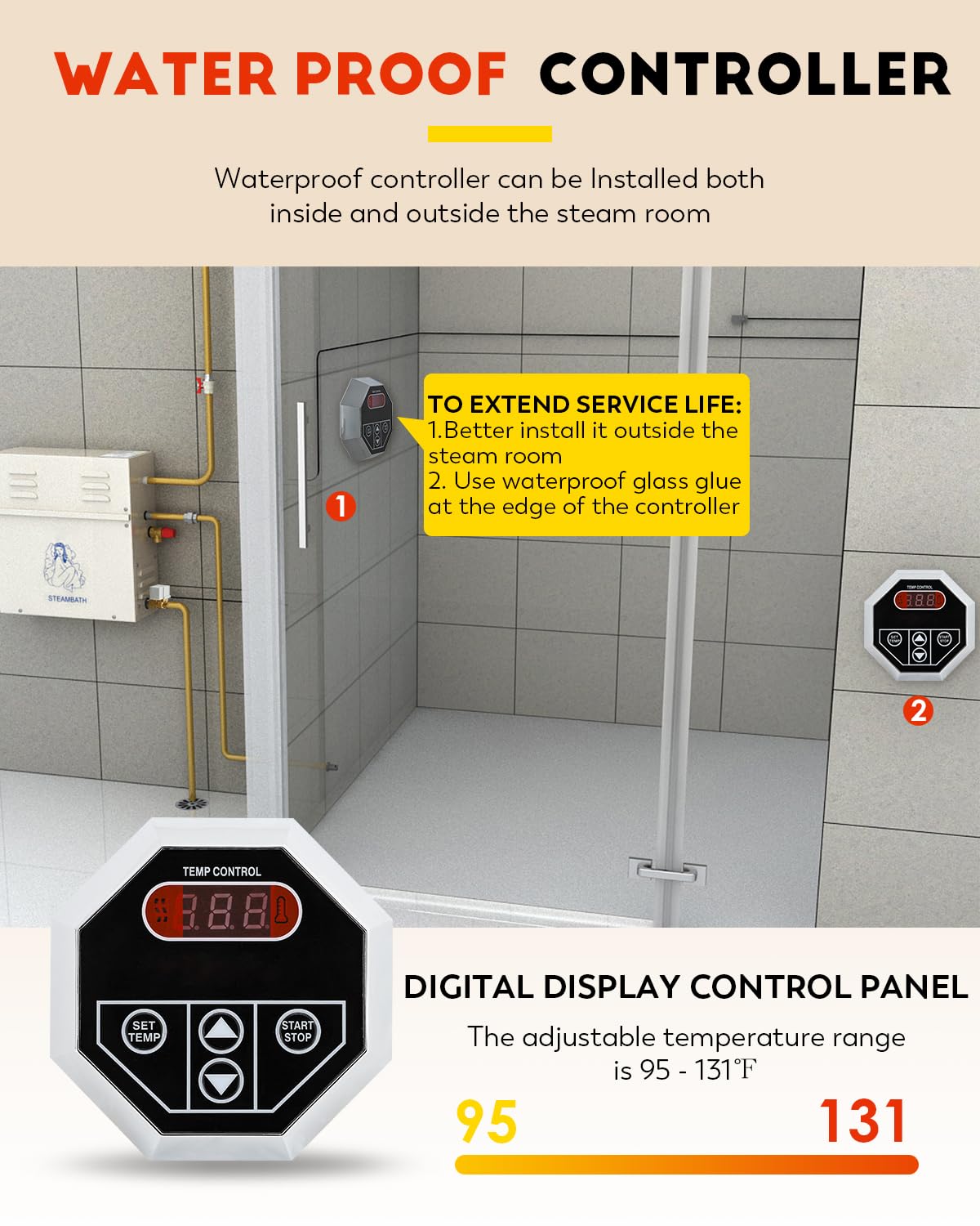 CGOLDENWALL 10.5KW Luxury Steam Generator Shower System Kit Complete Home Steam Sauna Spa Steam Bath Generator with Waterproof Control and Auto Drain 95-131℉ Max Space Heating 10.5 m³/371 ft3 (10.5KW)