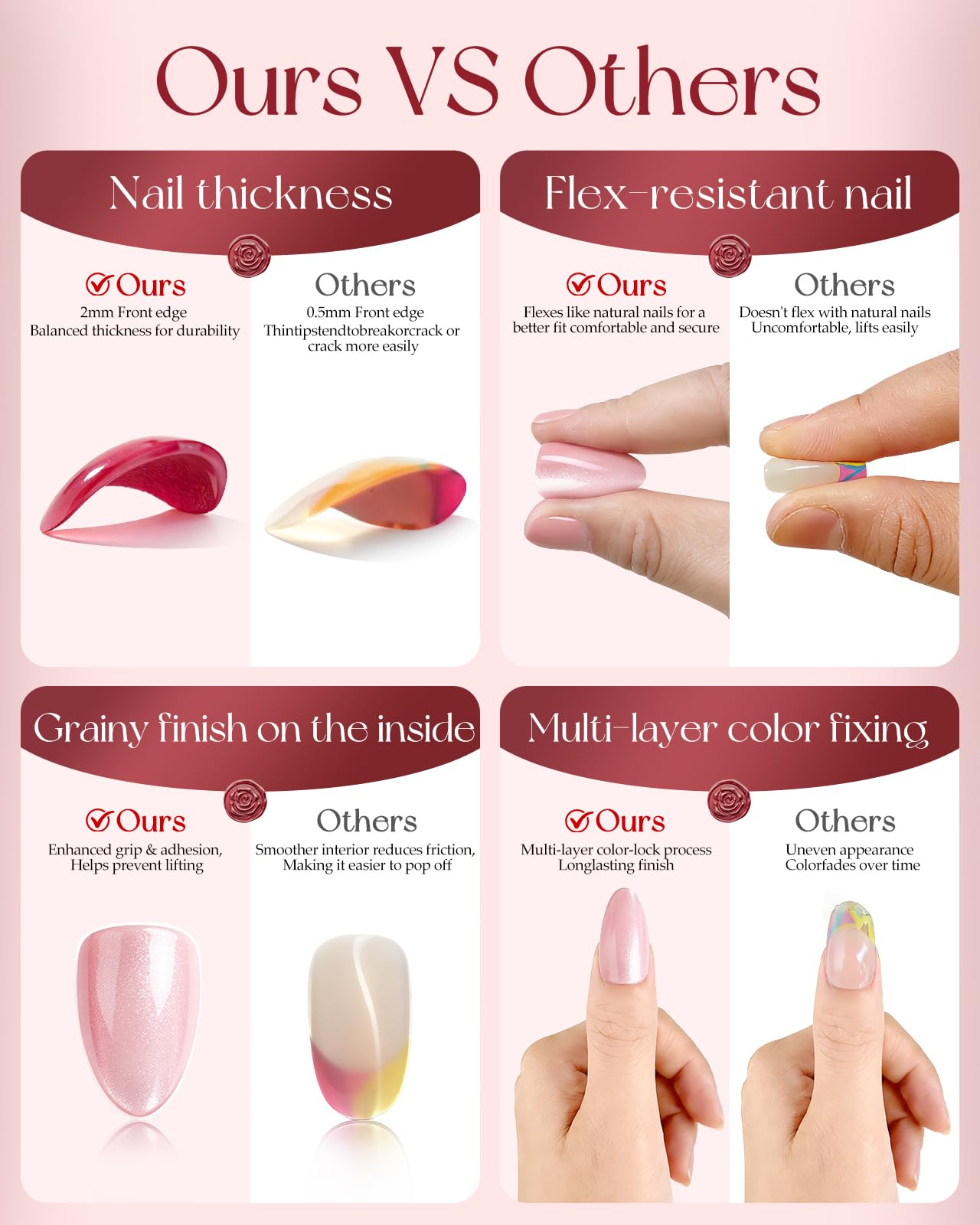 Buleens Valentine’s Medium Almond Press on Nails for Date-Pink Hearts and Lips Handmade Fake Nail for Women, Stylish outfits Gifts for Girls,15 Sizes, 30 Kits with Glue