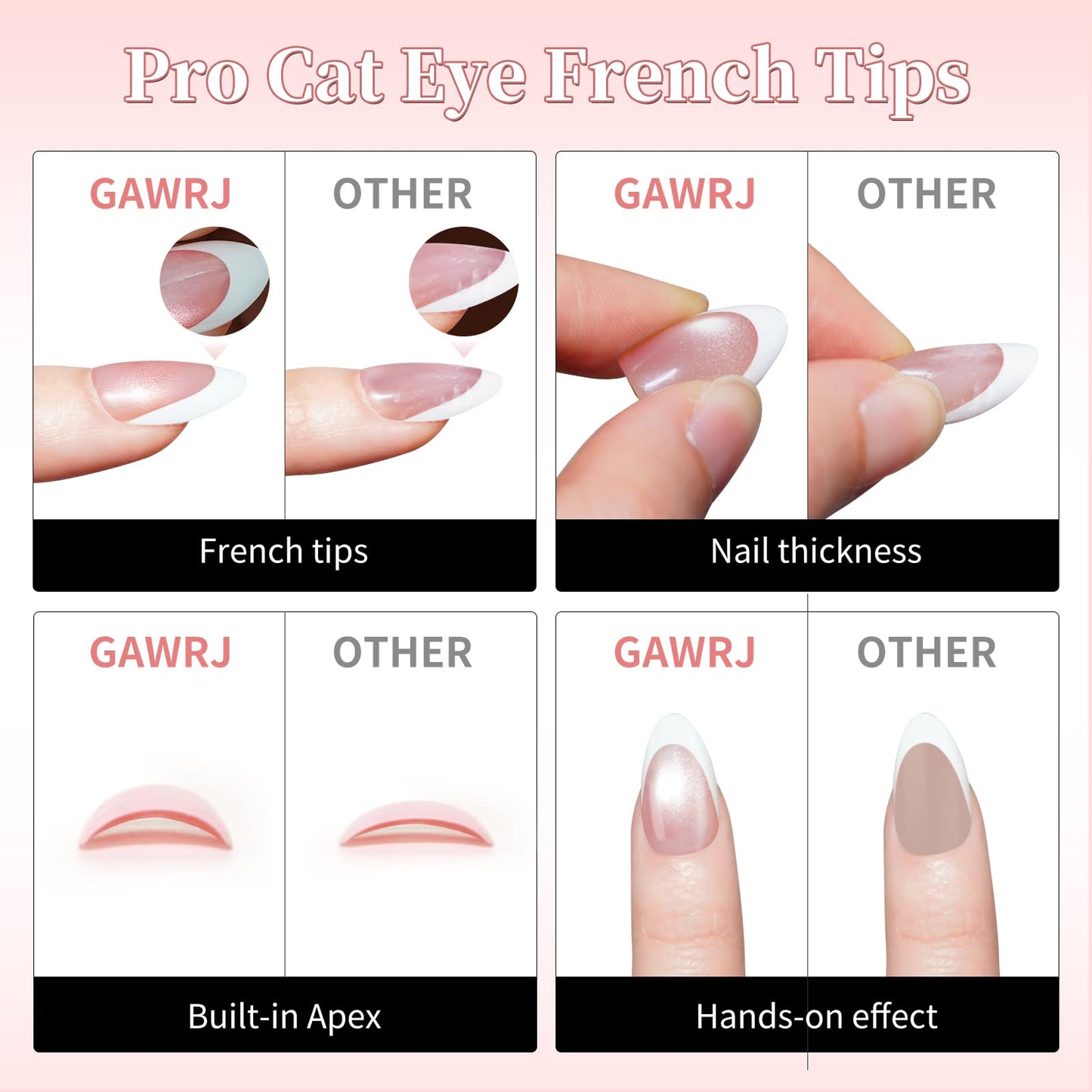 GAWRJ Brown Cat Eye French Press on Nails, Short Almond Shape, White French Tip Glue on Nails, 32 Pieces in 16 Sizes, with Glue Tabs and Nail Tools