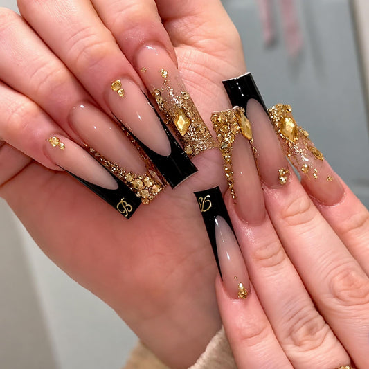 Long Press on Nails Square Fake Nails Black Artificial Nail Gold Glitter Rhinestone French Tip Luxury Charm Glossy Stick on Nail Glam Party Look for Women 24pcs