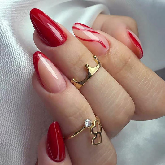 KTAABTR Red French Tip Press on Nails Medium Almond Shaped Fake Nails with Glue Red Corrugated Design Acrylic Nails Stick on Nails for Woman DIY Manicure French Nail Tip Lines False Nails 24Pcs