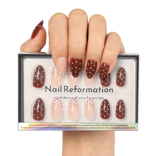 Nail Reformation Press On Nails, Chocolate Sprinkle | Polka Dot Short Almond Fake Nails in French Tip on Nude Base and Glossy Finish, Reusable Stick On Nails in 16 Sizes - 32 Nail Kit for Women Gifts