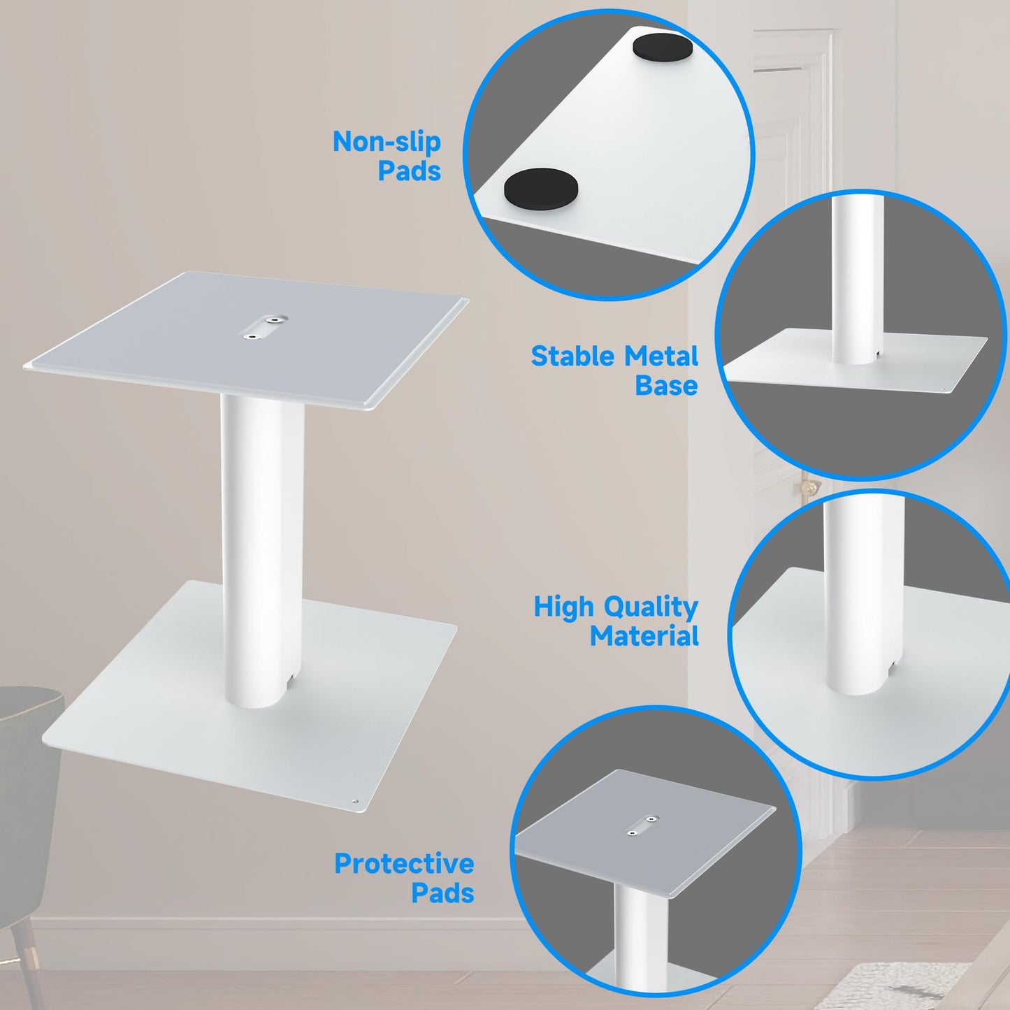 Suptek 9.4 x 8.2" Desktop Speaker Stands – Pair for Bookshelf & Desktop Speakers – 10" Height – Sturdy Base for Studio Monitors, PC, Gaming & Home Audio, White, SDM003LW