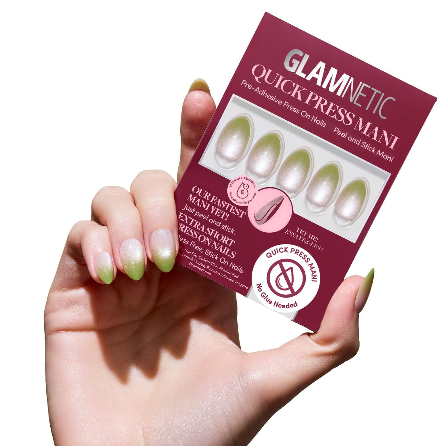 Glamnetic Quick Press Mani - No Glue Press On Nails, Just Peel and Stick, Almond Extra Short Nails, Mess Free, Salon Quality Stick On Nails, Lime Beam | in 15 Sizes - 30 Nail Kit | Gift For Mom
