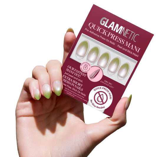 Glamnetic Quick Press Mani - No Glue Press On Nails, Just Peel and Stick, Almond Extra Short Nails, Mess Free, Salon Quality Stick On Nails, Lime Beam | in 15 Sizes - 30 Nail Kit | Gift For Mom