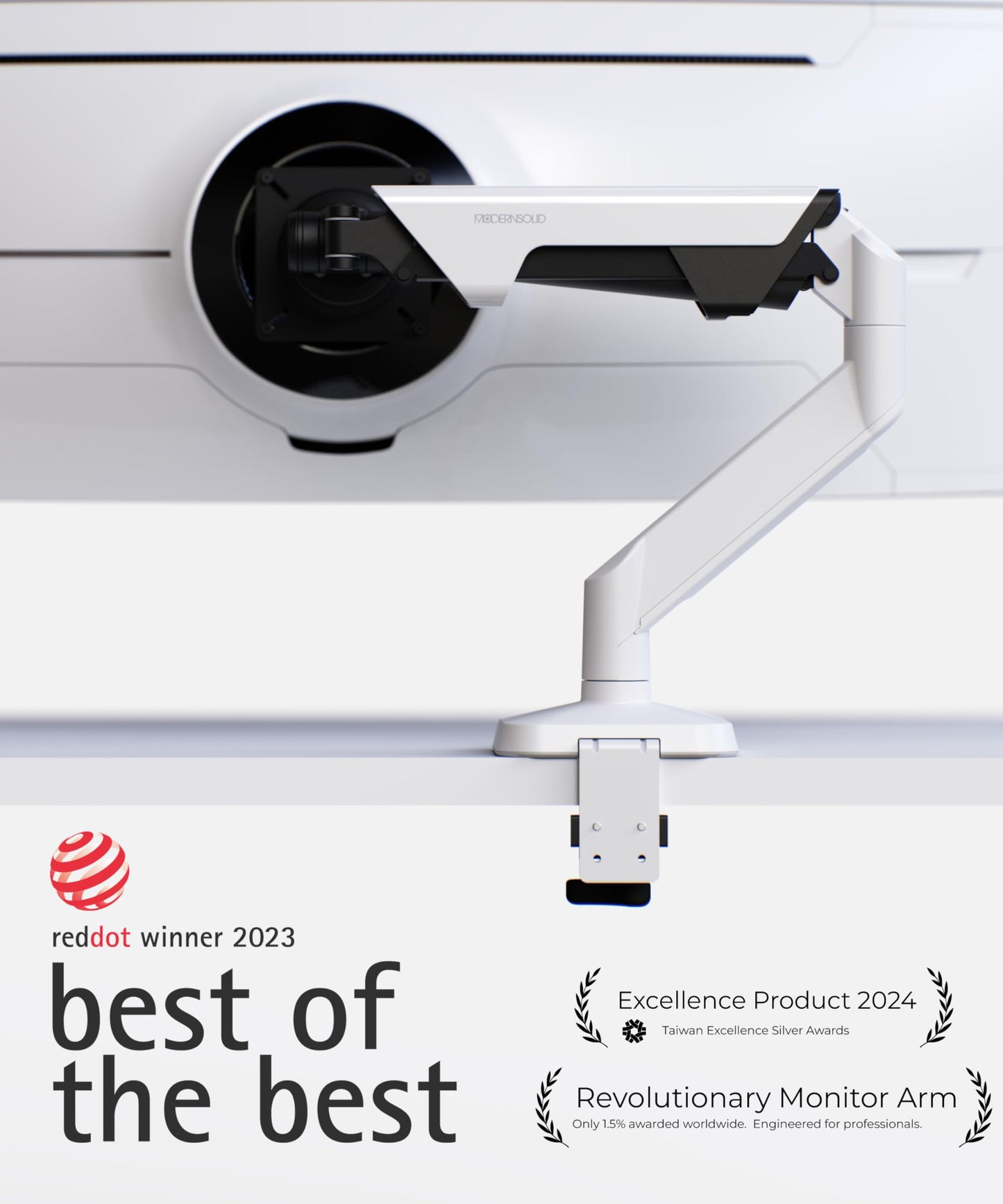 Modernsolid Heavy Duty Monitor Arm Desk Mount for 34-49 Inch Ultrawide Curved Monitors, Supports 14-38 lbs, Gas Spring Ergonomic Full Motion with Cable Management, Red Dot Design Awarded, White