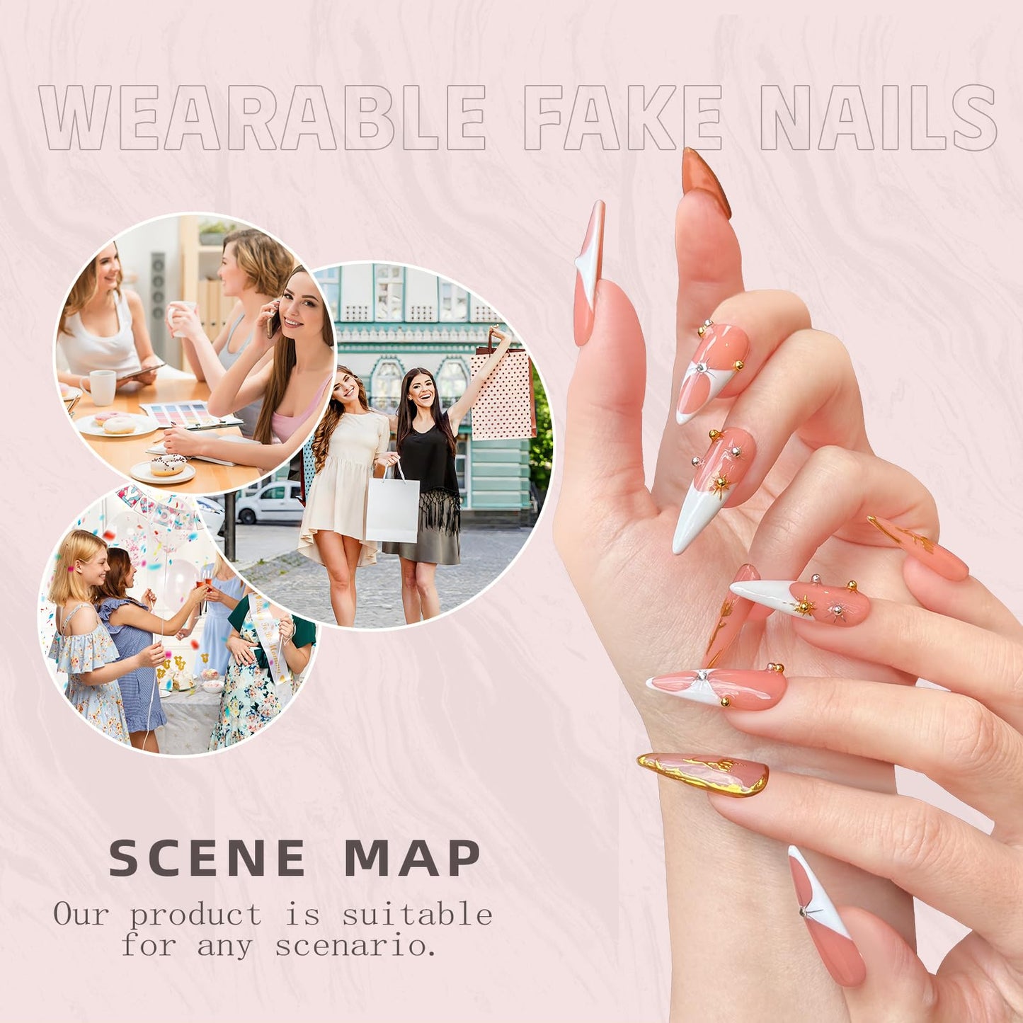Luxury Long Stiletto Handmade Press-On Nails – Nude Almond Acrylic False Nails with 3D Rhinestones & White French False Nails – Reusable Nail Art(10PCS-M)
