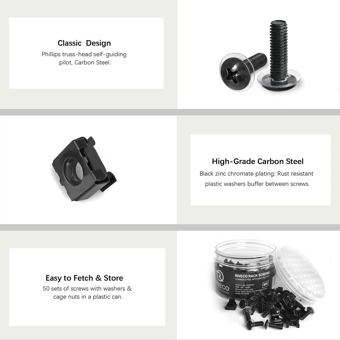 RIVECO M5 Rack Screws & Cage Nuts for Server Cabinets & Racks Mounting Network Equipment Clip Nuts 50 Sets Black