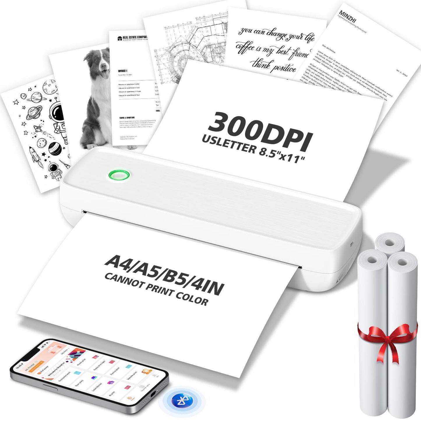 MinZhi Inkless Portable Printer for Travel, Wireless Printer Supports 8.5 x 11 Inch Thermal Paper, Bluetooth Machine Includes 3 Rolls of Thermal Paper Set