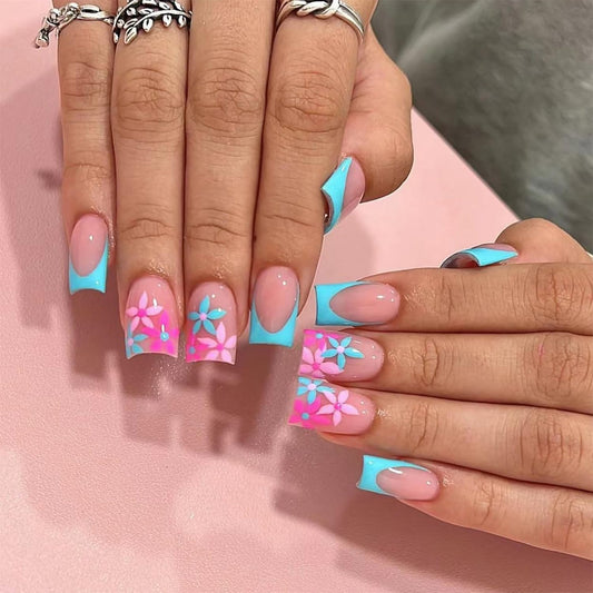 24pcs Blue French Tip Press on Nails Medium Square Fake Nails Pink Flower Design Nail Art Supplies Acrylic Artificial Nails Glossy Glue on Nails Full Cover Nail Supplies for Women Manicure Decoration
