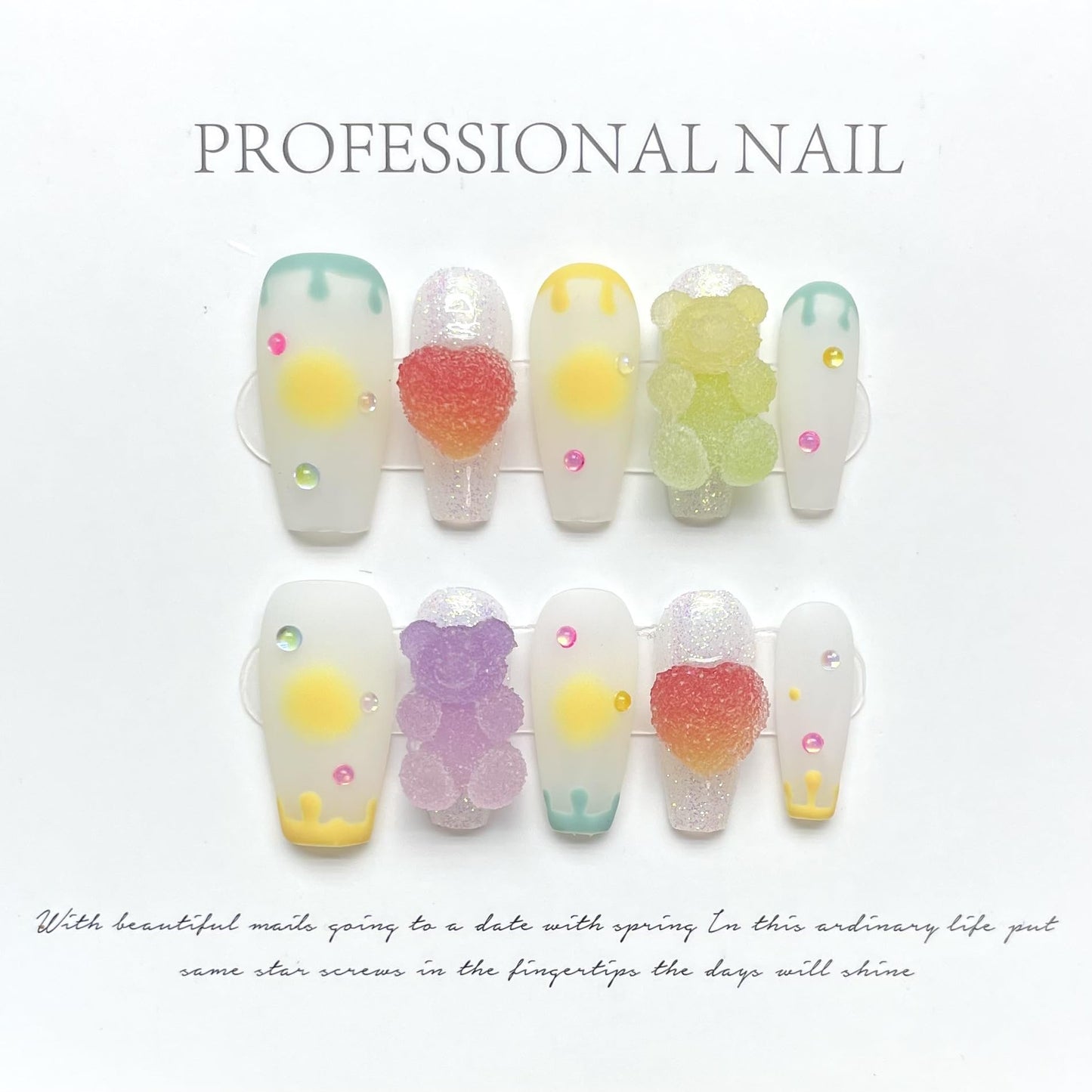Candylicious Fake Nails | 3D Gummy Bear & Heart Designs | Y2K Lolita Press On Nails | Sweet Pastel Colors for Girls & Women (S)