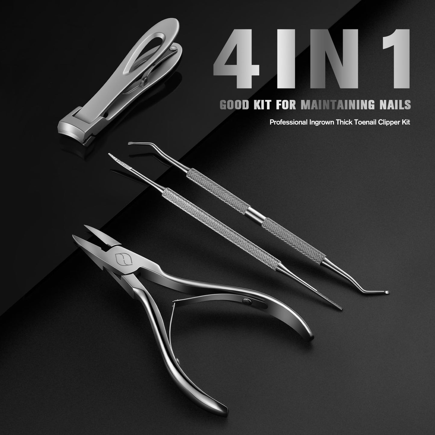 FERYES 4PCS Ingrown Toenail Kit – Toenail Clippers for Thick and Ingrown Toenails, Toe Nail Clipper with Thick Toenail File and Toenail Lifter - Complete Toenail Care Set for Men and Women, Silver