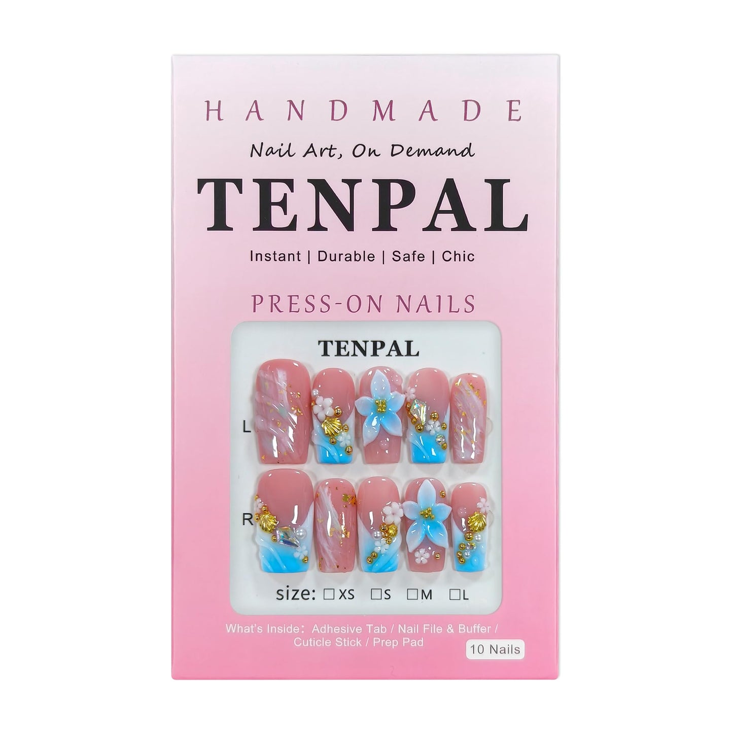 TENPAL Squoval Press on Nails - Blue Pink Ombre with 3D Floral Shell Relief | Reusable Icy Glossy Fake Nails with Tools | Everyday Elegant French Ocean Sky Blue Glue on Nails for Women Girls(S）