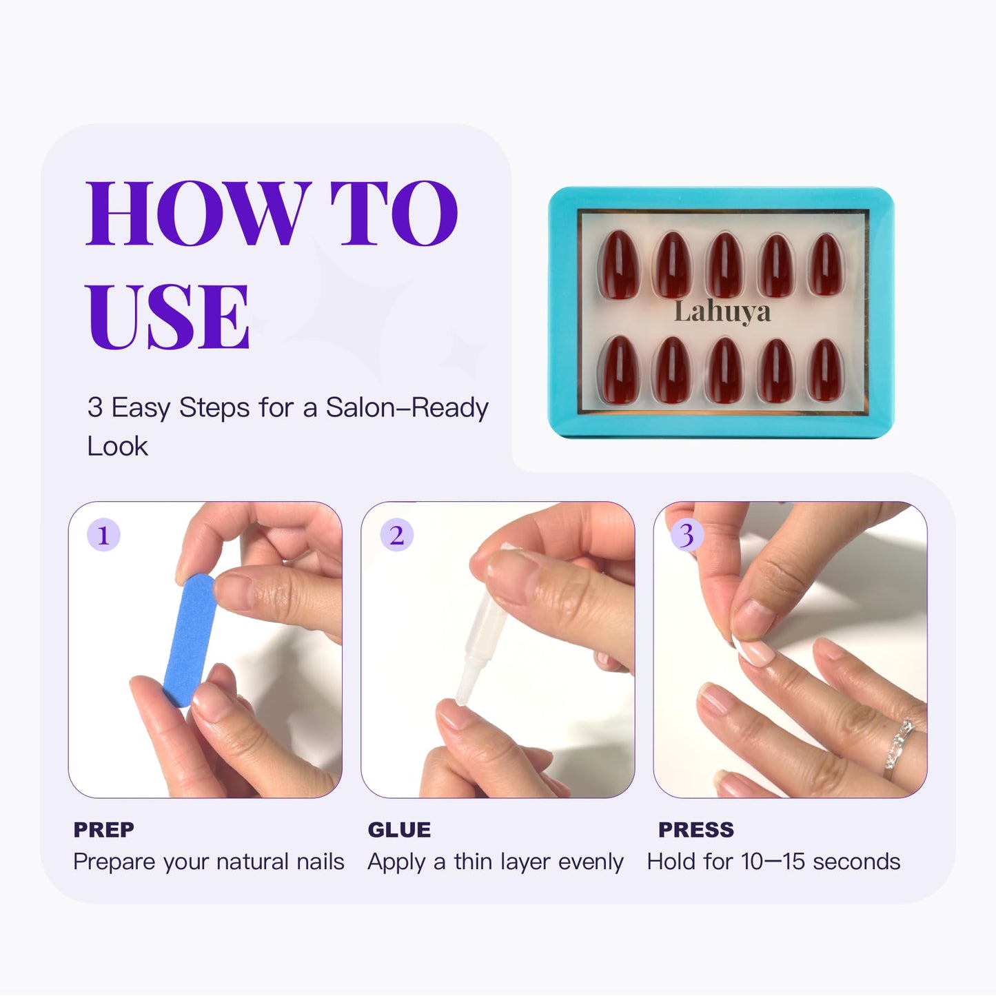 LAHUYA Press On Nails – Velvet Wine | Nail Artist Designed Short Almond Fake Nails with Deep Wine Red Glossy Finish, Reusable Press On Nails in 15 Sizes – 30 Nails Kit with Glue