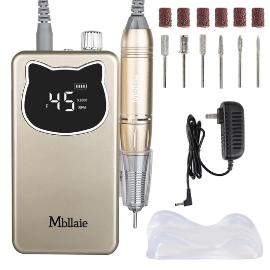 Professional Nail Drill File 45000RPM Electric Portable Kit with Rechargeable 8 uñas Bits Cordless Efile for Gel Acrylic Remover Home Salon Manicure Base Tool (Gold)