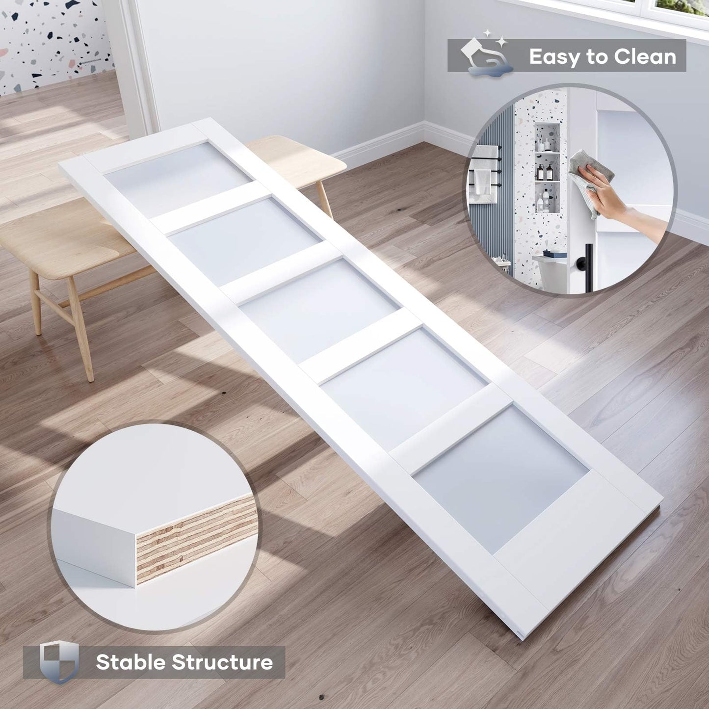 ROYMELO 30x80 Inch Glass Sliding Barn Door Slab and 5.5ft Hardware Kit Included, 5 Frosted Glass, LVL Wood Panel Covered with White Water-Proof Scratch-Proof PVC Surface, Simple DIY Assembly
