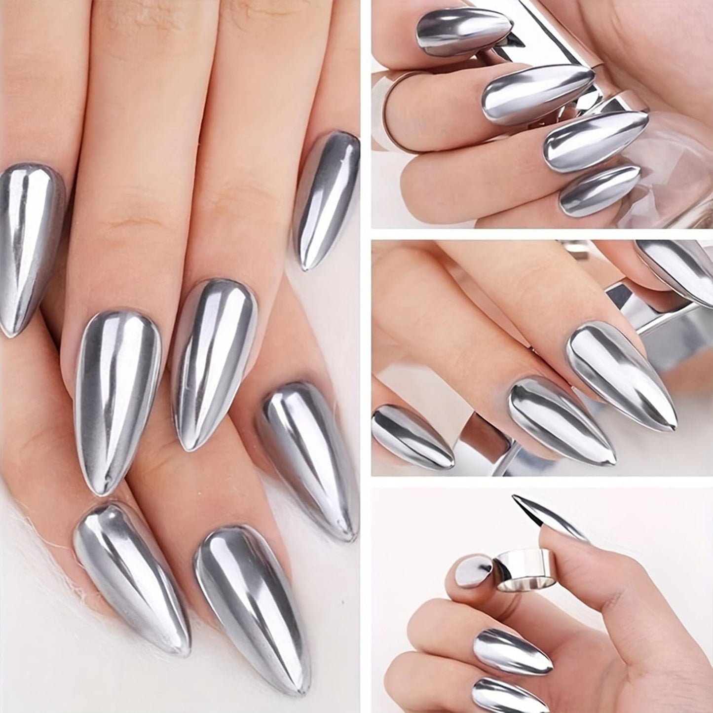Silver Electroplated Press on Nails SHIQIXIANNV Almond Fake Nails Metallic Mirror False Nail Design Silver Chrome Glossy Acrylic Nails for Women Girl DIY Manicure Decoration 24Pcs