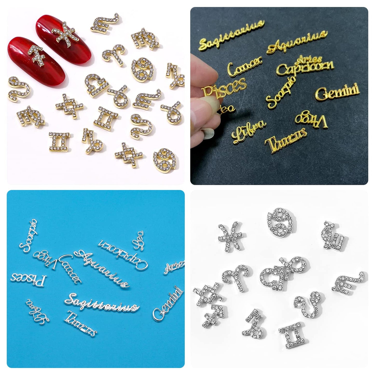 JERCLITY 48 Pieces Gold Silver Alloy Zodiac Nail Charms Zodiac Signs Nail Studs Constellation Words Charms for Nails Twelve Constellation Set for Women Girls