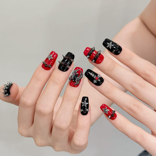 NLSJMP 3D handmade Gel nails press on false nails short square red black rivet y2k star spider cute acrylic Reusable fake nails designed kit,10 Nails Size S #3083