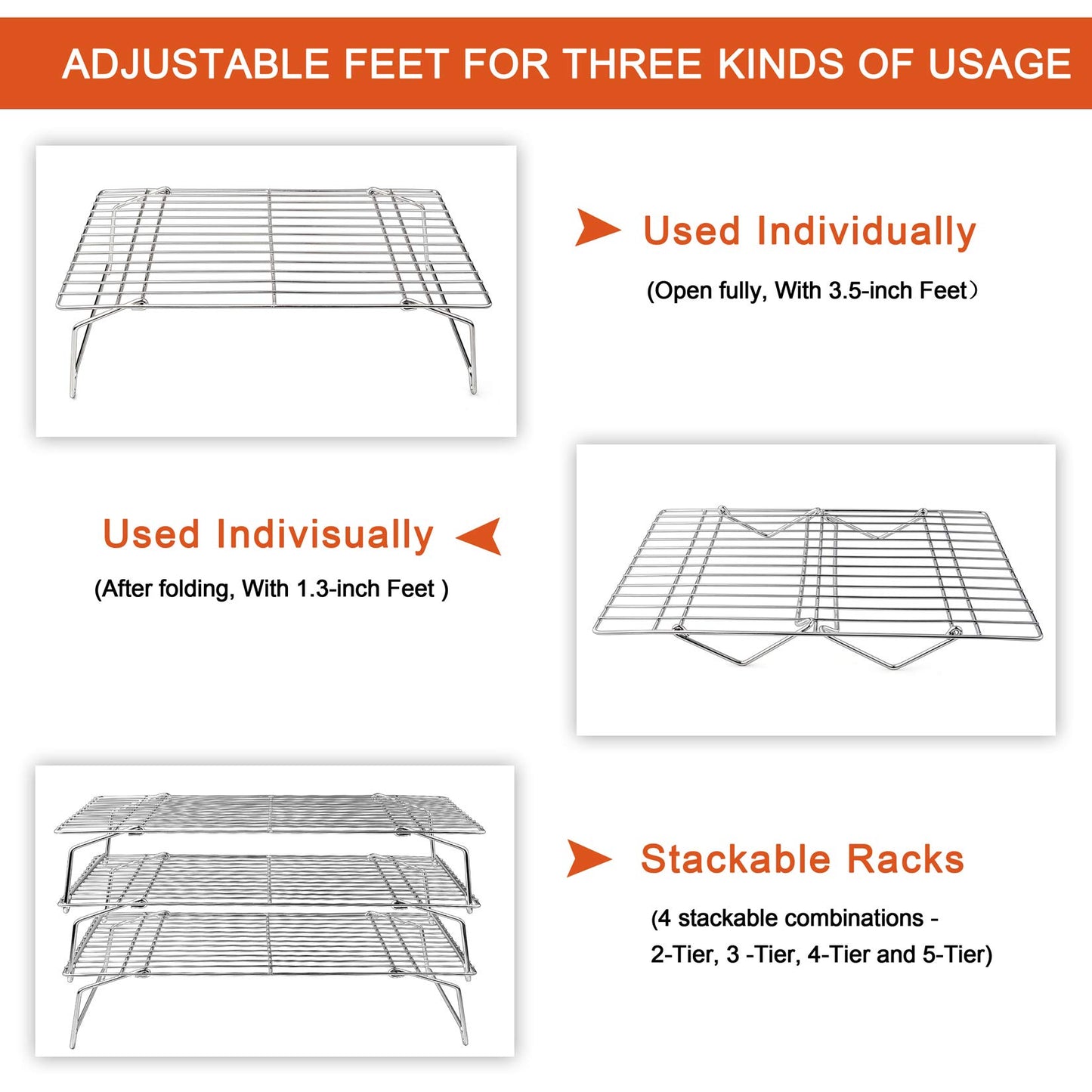 P&P CHEF Cooling Rack, 5-Tier Stainless Steel Stackable Baking Cooking Racks for Cooling Roasting Grilling, Collapsible & Heavy Duty, Oven Safe & Easy Clean, 15" x 10", Silver