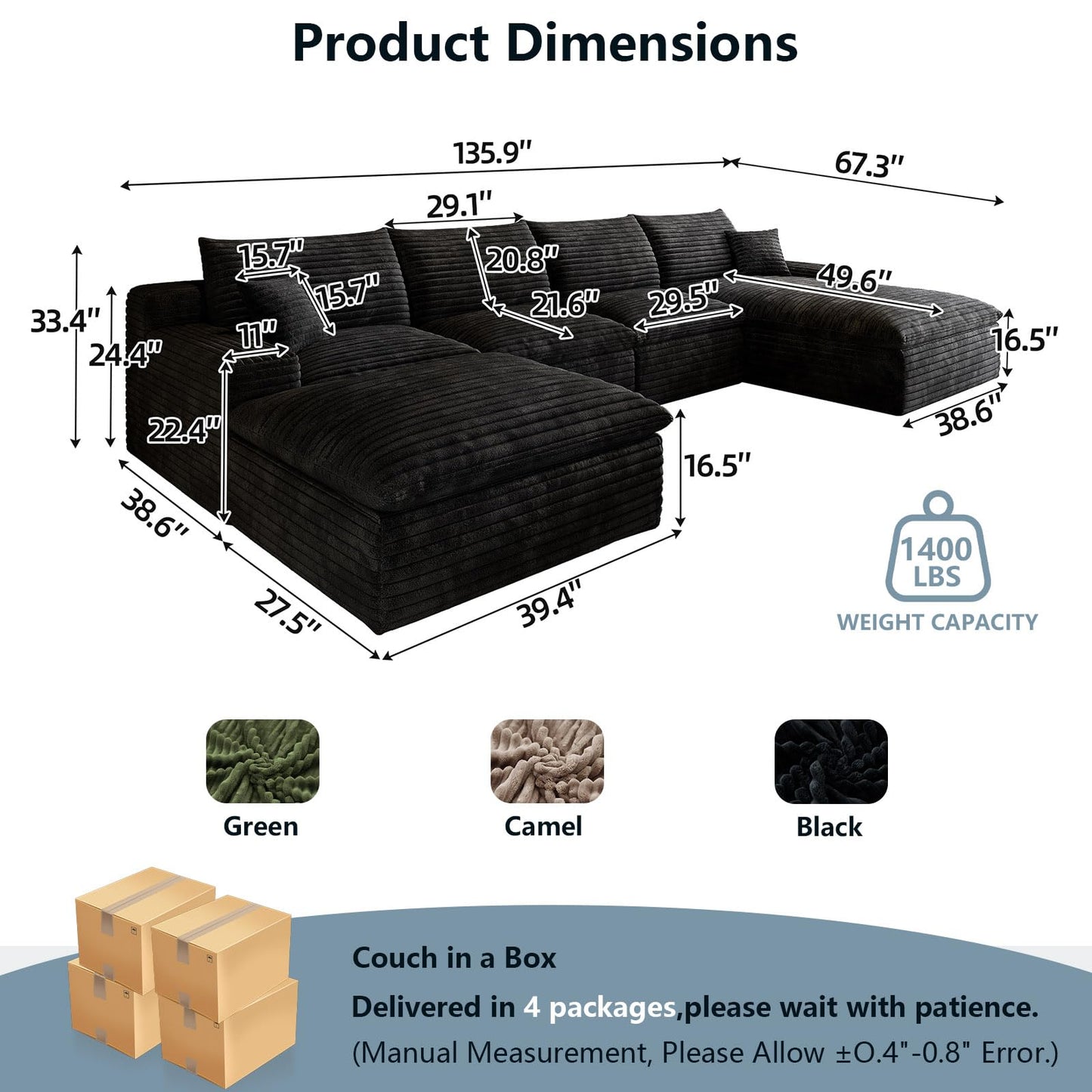 136" Cloud Sectional Couch U-Shaped Chaise with Ottoman, Corduroy Boneless Couch for Living Room Bedroom, Deep-Seat Upholstered Modular Cloud Sofa, No Assembly Required (Black, Right Facing Chaise)