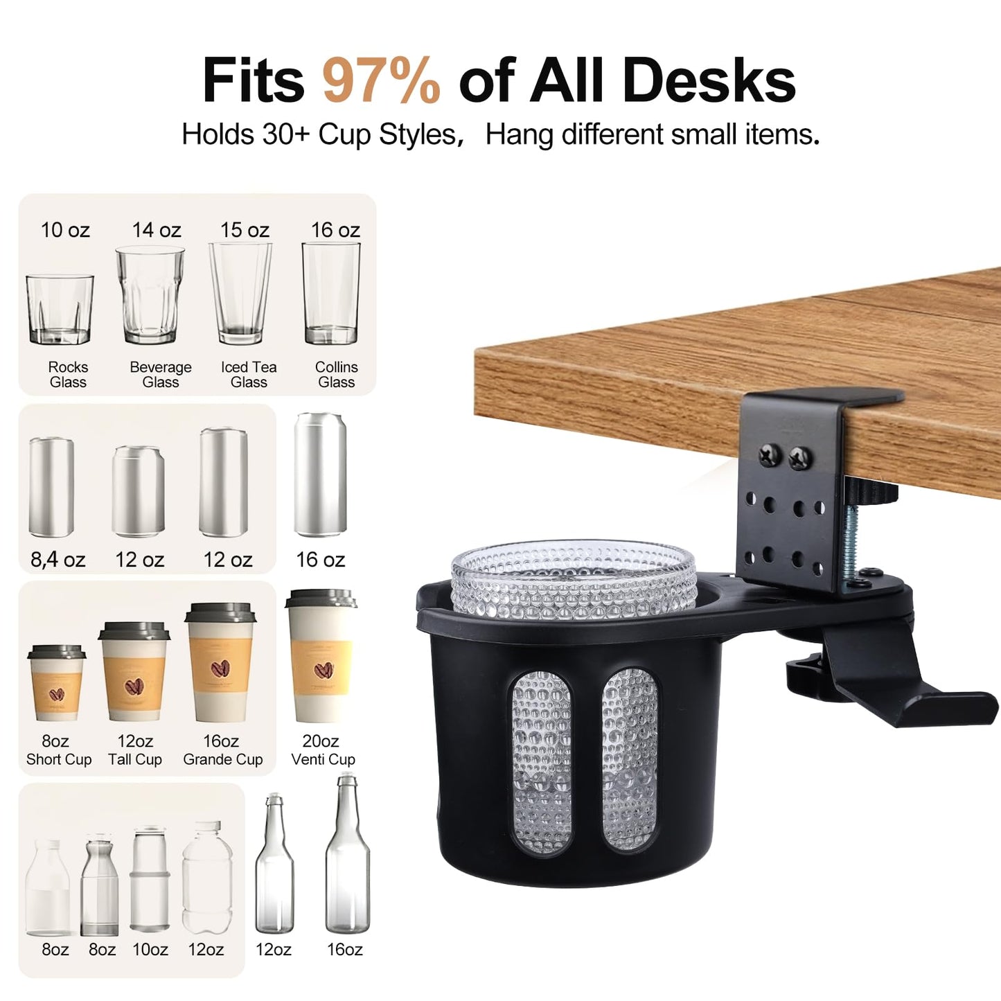 DecBeLiv 360° Rotating Cup Holder wiht Hook Under Desk Anti Spill Space Saving for Home Office Camping