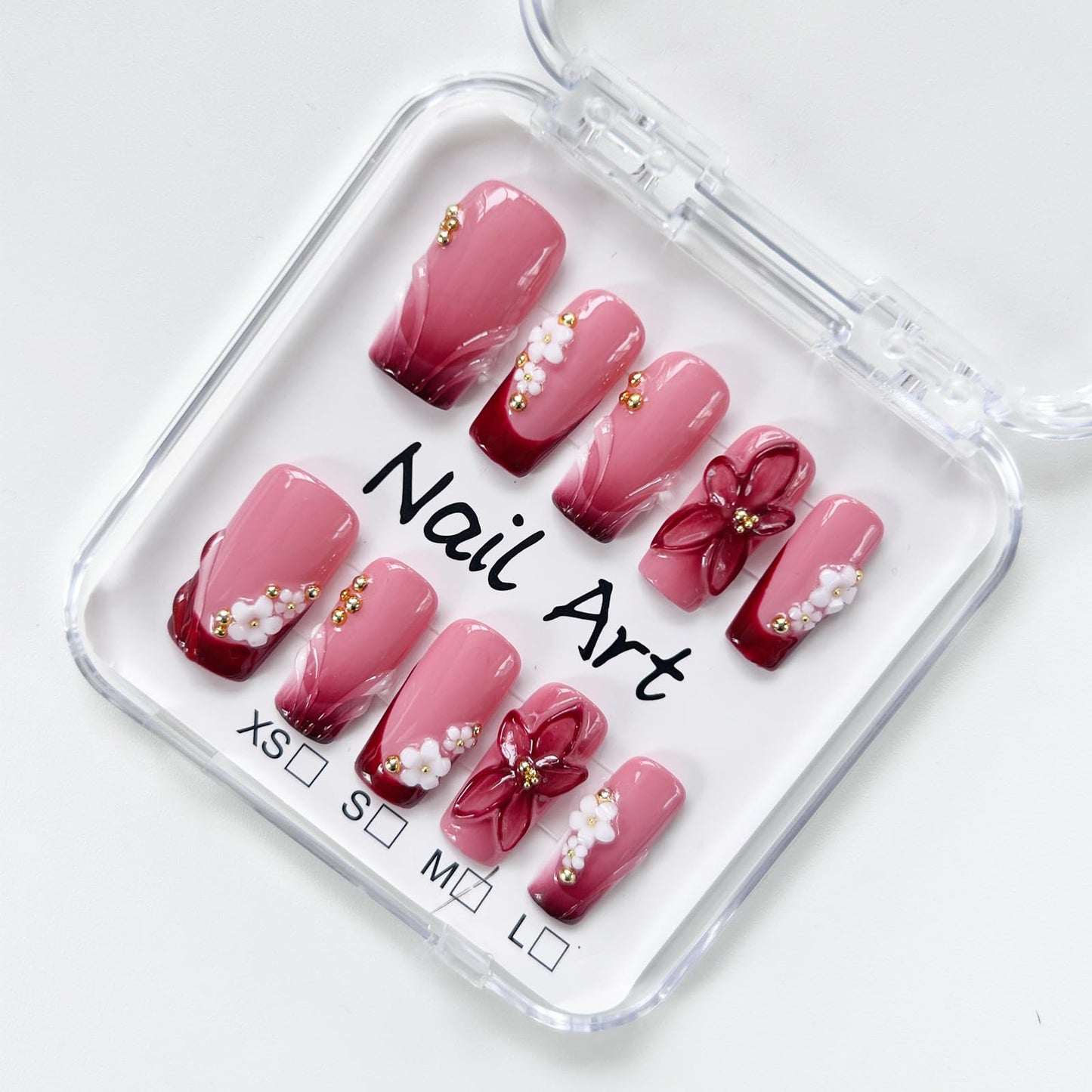 Handmade Press On Nails Medium Square 3D Flower Gold Beads Burgundy French Tip Pink Full Cover False Nails Acrylic Stick on Nail for Women Daily Date Party, 10Pcs (M)