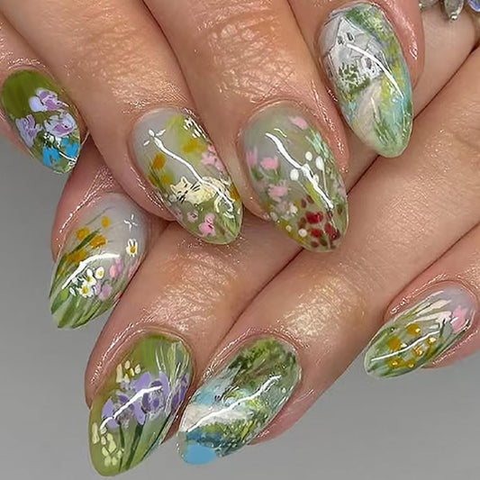 Short Press on Nails Oval - Green with Flower Design, Oil Painting Style Full Cover Glossy Fake Nails 24PCS for Women Manicure