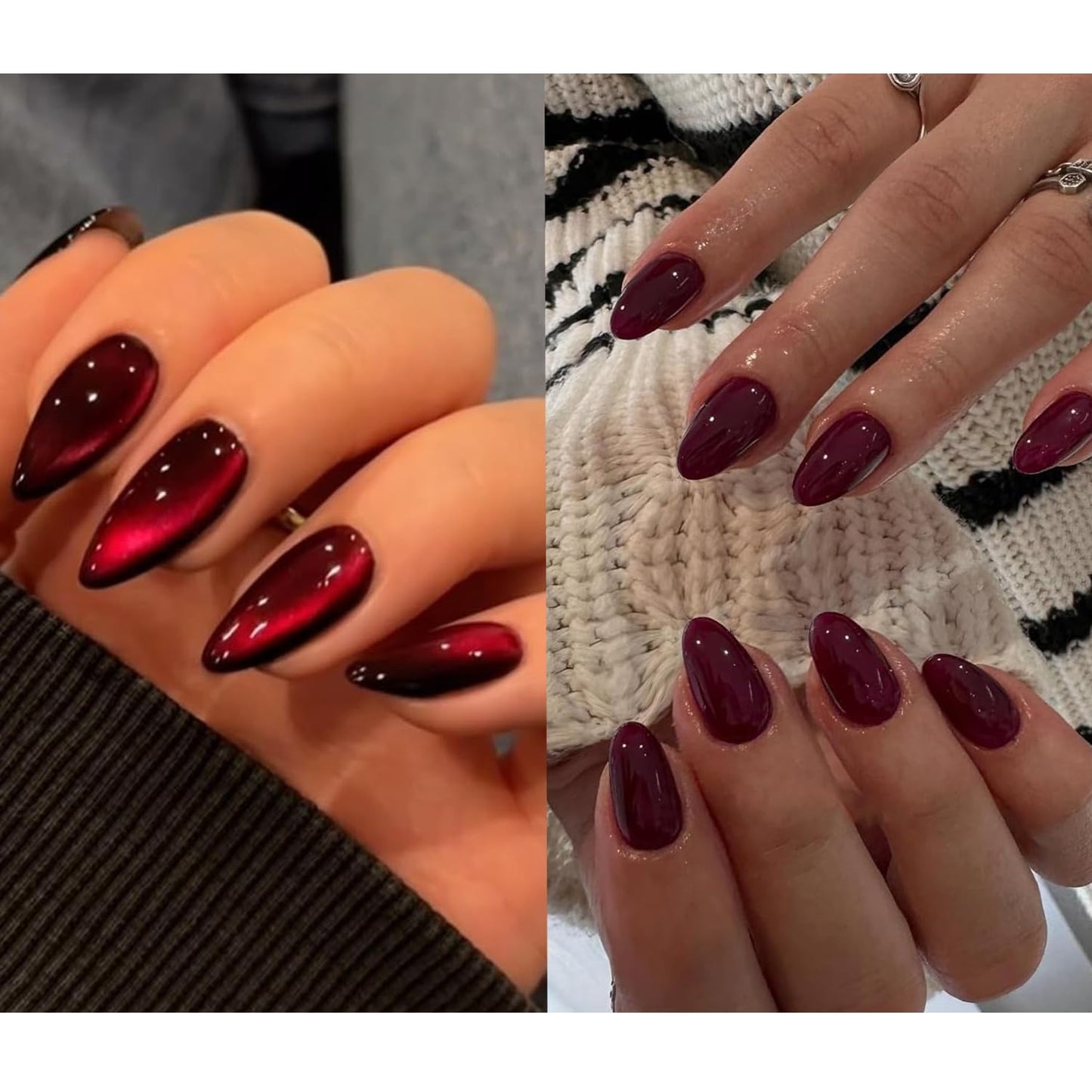 KQueenest Burgundy Cat Eye Press on Nails Medium Almond Shape & Sheer Press on Nails Short Oval For Women Girls Daily Party Decoration in 54 Pcs