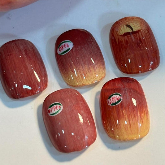 Short Press on Nails Square SWEKKE Cute Fake Nails Funny False Nails with Apple Fruit Designs Glossy Glue on Nails Full Cover Acrylic Nails for Women Girls 24Pcs