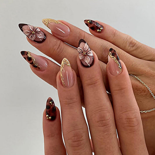SEENEEY Almond Press on Nails Medium Fake Nails Brown Artificial Nail Floral and Gold Charm Designs Stick on Nail for Women 24pcs