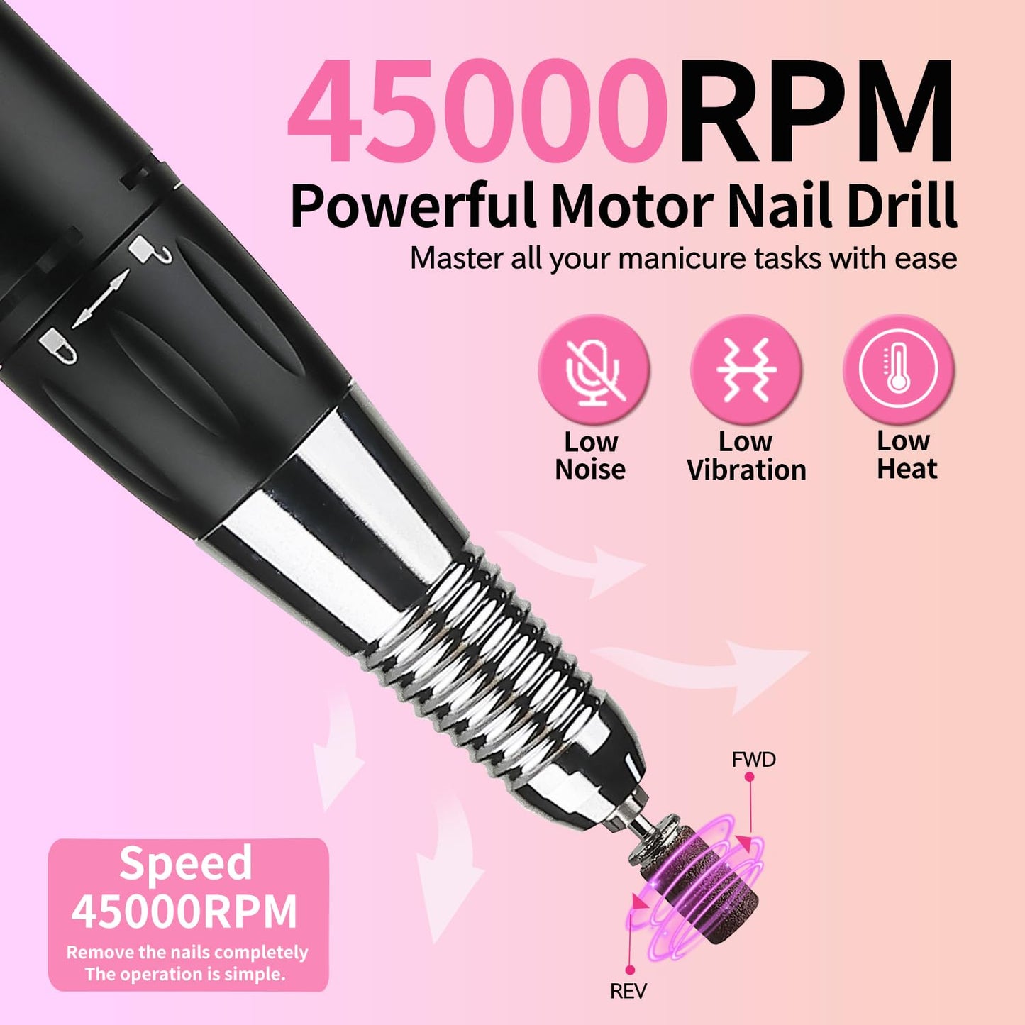 Professional Electric Nail Drill 45000 RPM：Rechargeable Nail File Machine Kit for Acrylic Gel Nails Polishing Removing Portable Cordless Efile with Base Ultra Power Salon & Home Use