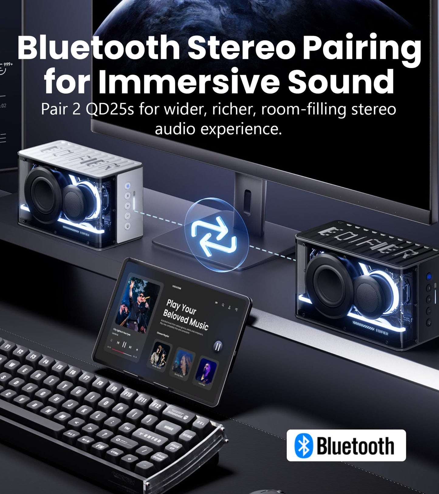 Edifier QD25 Bluetooth Speaker | Portable Desktop Audio, 25W (RMS) Dynamic Sound, Hi-Res Audio, Splendid Light Effects, 15H Playtime, Bluetooth 6.0, Wireless Stereo Pairing, Black