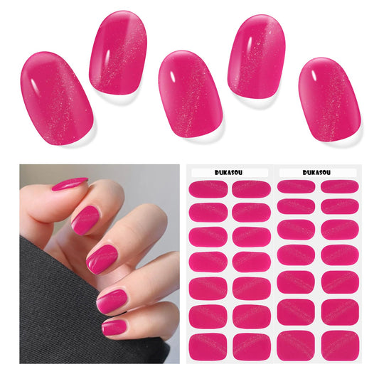 DUKASOU Semi Cured Gel Nail Strips,28 pcs Cat Eyes Gel Nail Stickers with UV Light Required,Long Lasting Nail Art Stickers, Easy to Apply（Rose red Cateyes