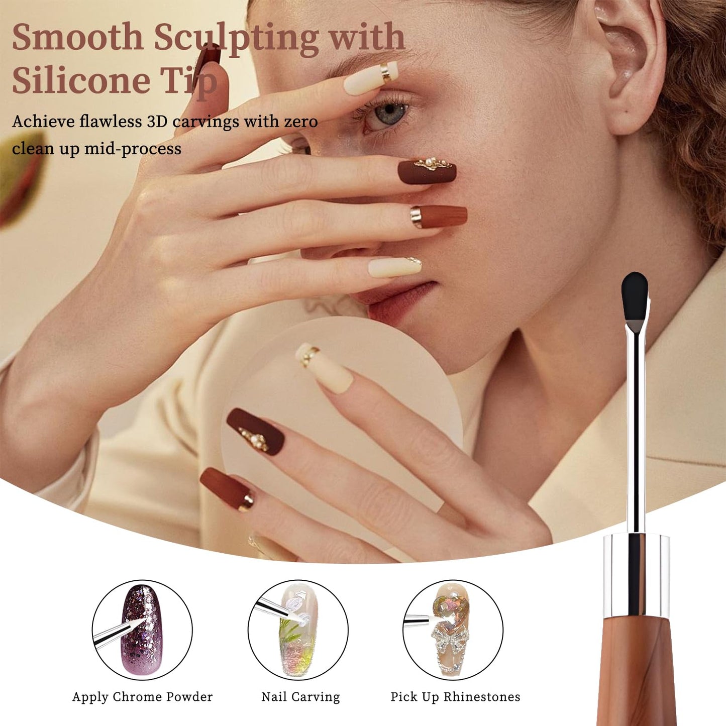 Double Nail Art Sculpture Pen: Silicone & Metal Dual Tipped Nail Brushes Silicone Nail Art Tools for Design Nail Foil Carving Drawing Shaping Effect Nail Art Pens for Home and DIY (Brown)