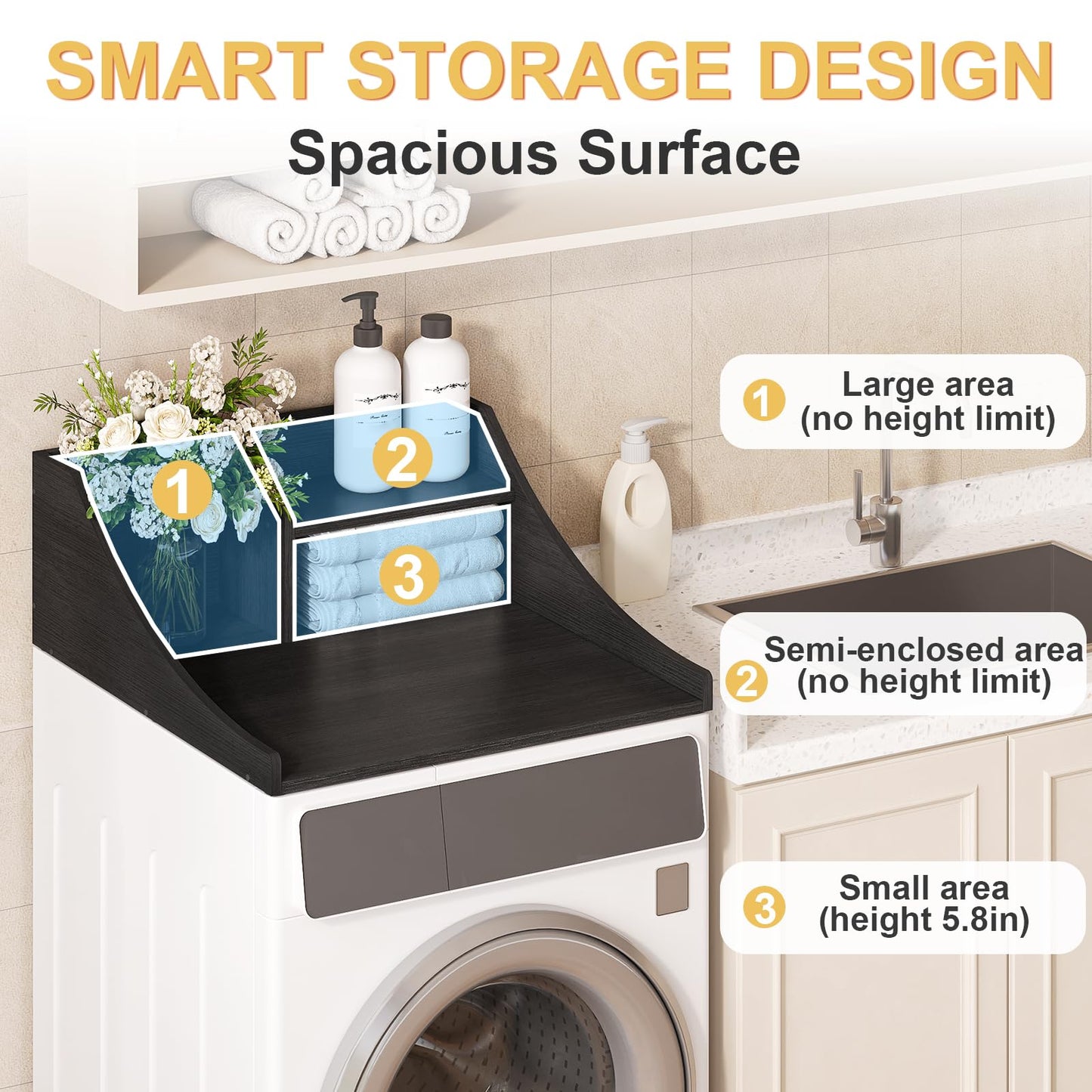 Tarnorci Washer and Dryer Countertop, 2-Tier Laundry Countertop Single Washer Dryer Topper for Laundry Room Storage Organization (Black, 27'')