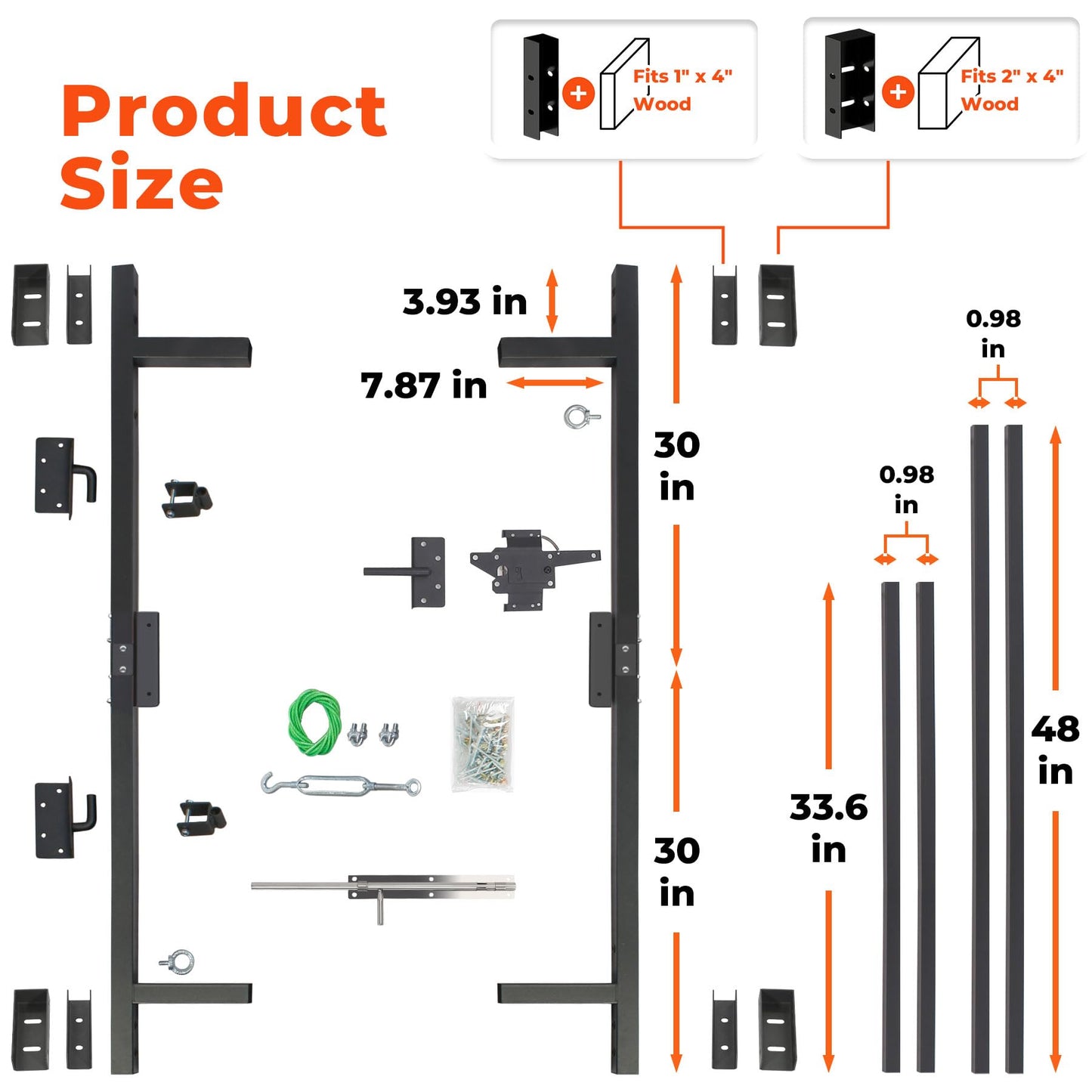 Steel Frame DIY Building Gate Kit, Adjustable 36-60" Wide for 7ft High Fences, Fence Gate Kit Fits 1x4 & 2x4 Wood, Powder Coated