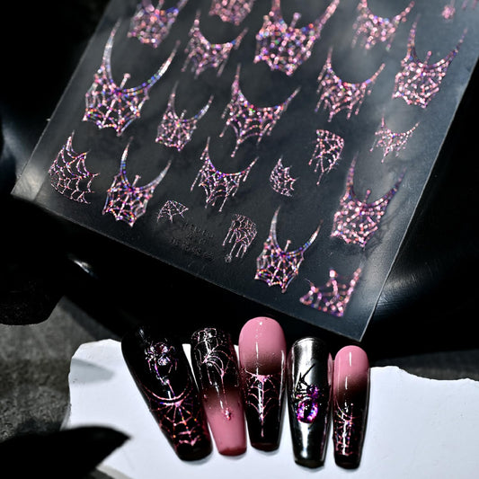 1 Sheets Halloween Nail Stickers for Nail Art 5D Self-Adhesive Embossed Spider Web Nail Art Stickers with Glitter Pink Spider Web Nail Decals Halloween Nail Design Sticker for Women DIY Manicure