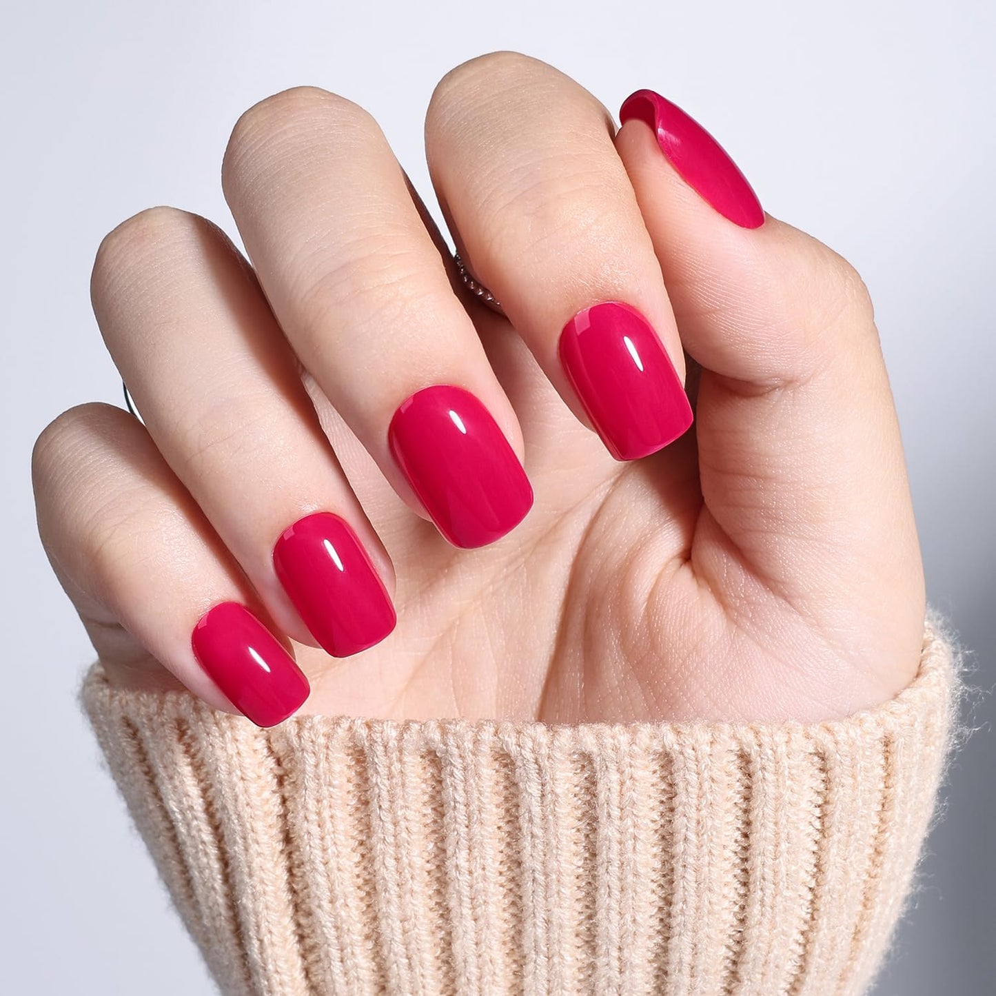 Leefrei Press on Nails - Short Square Rose Pink Nails Press ons for Women, Reusable Glossy Finish Glue On Nails 30 Pcs 15 Sizes Fake Nails Kit with Glue, Berry Rose