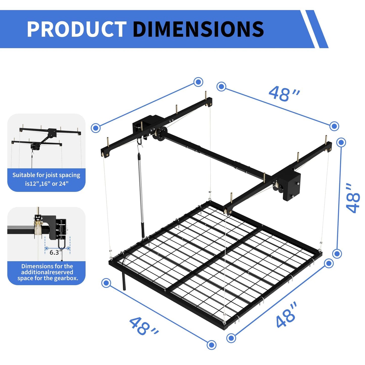Overhead Garage Lifting Storage Rack, 4x4 ft Heavy-Duty Carbon Steel Ceiling Storage Rack, Adjustable Organization System, 350Lbs Safe Load (Tested to 600Lbs), Manual Crank Lift Design