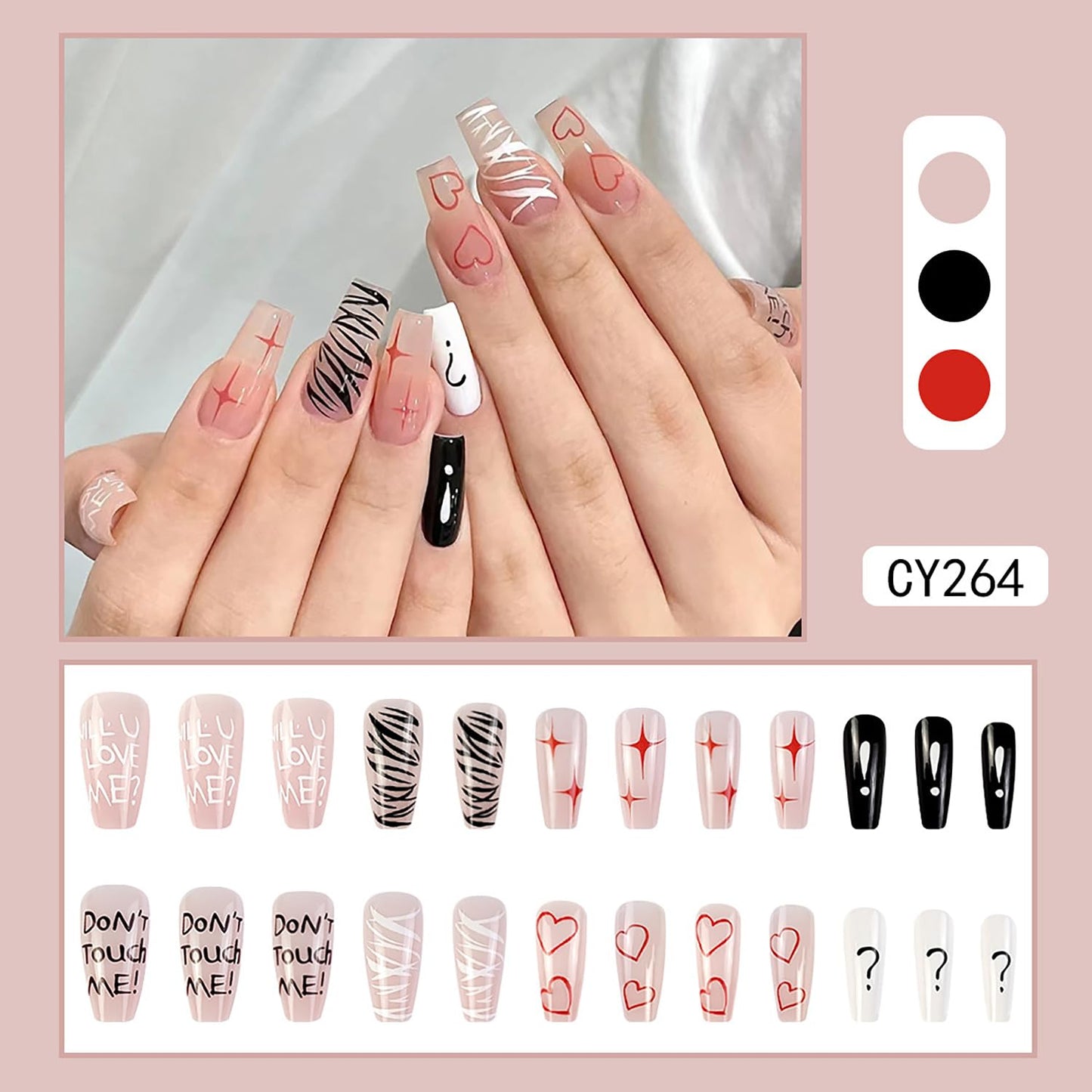 Vezocim Red Heart Press on Nails Medium Coffin Shape 24Pcs Glossy Full Cover Acrylic Square False Nails with Valentine's Day Designs Artificial Fake Nails Glue Stick on Fingernails for Women Girls
