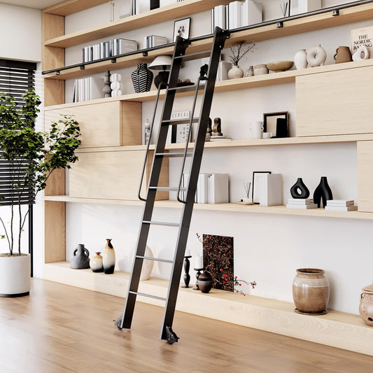 104RDHOUSE 8FT Lightweight Aluminum Rolling Step Ladder 96",Rolling Library Ladder with Wheels,Industrial Sliding Ladder for Home Library,Bookshelf, 4FT Hook Ladder Bookcase Track Kit for Home